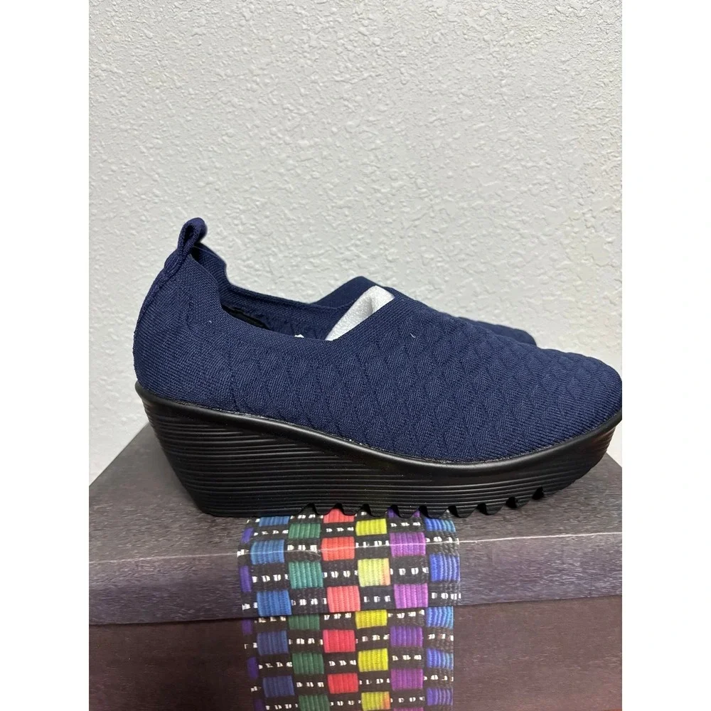 Bernie Mev Gem X Navy Blue Knit Wedge Slip On Sneakers Size 37 US 6-6.5 NEW